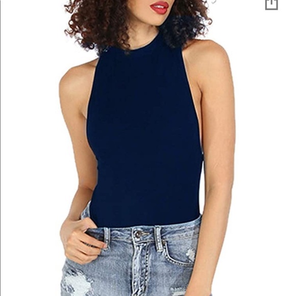 Mock Neck sleeveless bodysuit leotard XS Navy Blue - Picture 2 of 4